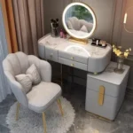 Modern dressing table with mirror and stool in a minimalist bedroom setup