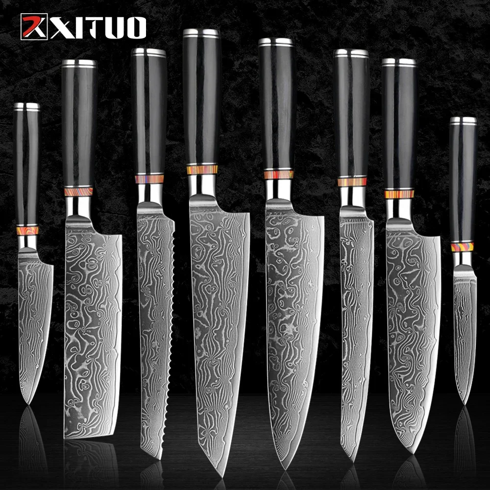 Art Forged Damascus Steel Kitchen Knife Set 1-8 pcs Professional Hotel Chef's Slicing and Carving Knife Premium Kitchen Cutlery