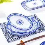 Melamine Chinese Style Blue and White Porcelain Tableware Creative Oval Dinner Plate – styled in a modern Tabletop setting