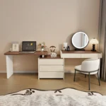 Goldoma Modern Minimalist Wooden Dressing Table with Mirror and Stool – in a cozy room setting