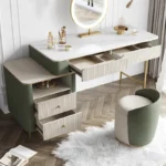 Modern dresser with mirror and stool – 2-drawer makeup vanity table in a minimalist bedroom setting