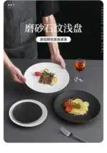 Black dish ceramic plate disc white Western restaurant tableware Barbecue grilled meat serving plate Ceramic frosted steak