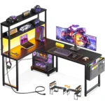 53 Inch L Shaped Gaming Desk with LED Lighting, Reversible Desk with Power Outlets, Customized – side view