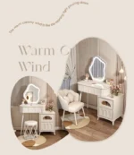 Modern wood makeup vanity table with mirror, drawer, and stool in a bedroom setting