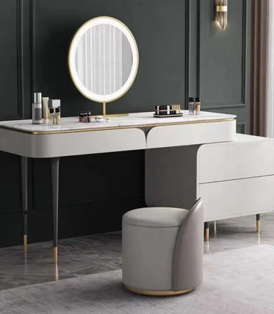 Goldoma modern vanity table with mirror and stool in bedroom setting