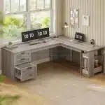 Farmhouse 67" L Shaped Desk with 3 Drawers, Executive Desk, Home Office Desks with Storage Shelves, Corner Computer,