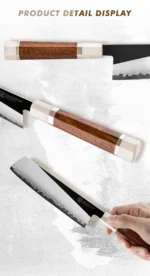 Professional nakiri knife with PM204 steel core and Mkuruti wood handle on wooden cutting board
