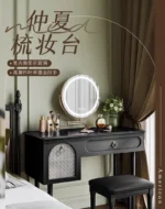 Goldoma compact vanity desk with drawer storage and mirror in a corner bedroom setting
