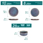 Grey-blue reactive glaze stoneware dinnerware set with plates and bowls on wooden table