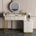 White MDF dressing table with mirror and stool in a modern bedroom setting