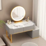 Modern minimalist dressing table with storage shelf for makeup organization in a bedroom