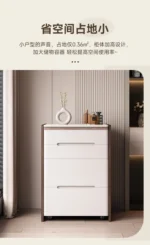 Modern dressing table organizer with shelves for makeup and jewelry in a minimalist bedroom setting