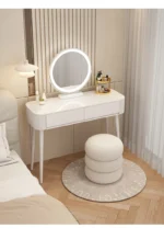 Modern storage vanity table with mirror and stool featuring multiple drawers for bedroom organization