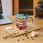 3D Glass Painted Book Mug, Unique Design Books Stack Coffee Mug With Spoon, Book Club Gift for Bookish Bookworm Librarian