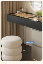 Minimalist modern dressing table with mirror and stool in a bedroom setting with 4 drawers and 4 doors