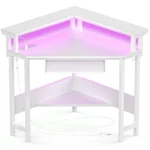 JHK Corner Desk Office Computer Desk for Small Space with LED Lights Gaming Table with Storage Shelves Power Outlets For