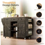 52-inch rolling kitchen island with storage in black and gold, featuring drop leaf and spice rack