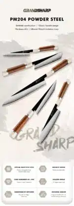 Grandsharp Kitchen Knife Set 3 Layer Composite Steel PM204 Steel Core Wood Handle Professional Chef Knives Collection 1 to 5