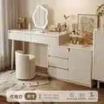 Solid Wood Dressing Table with Mirror and Stool - White – side view