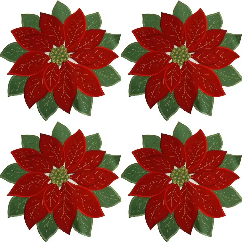Holiday Christmas Applique Poinsettia Red Green Embroidered Christmas Flower Table Placemat for Home Dinner Xmas Table Top