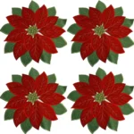 Holiday Christmas Applique Poinsettia Red Green Embroidered Christmas Flower Table Placemat for Home Dinner Xmas Table Top