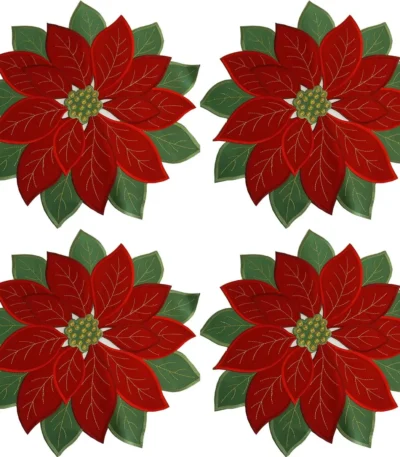 Holiday Christmas Applique Poinsettia Red Green Embroidered Christmas Flower Table Placemat for Home Dinner Xmas Table Top