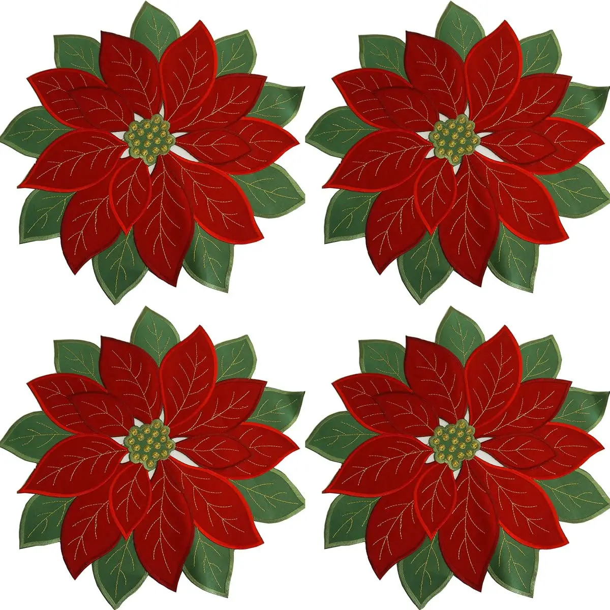 Holiday Christmas Applique Poinsettia Red Green Embroidered Christmas Flower Table Placemat for Home Dinner Xmas Table Top