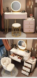 French white wooden dressing table with mirror and stool in a modern bedroom setting