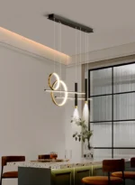 Black dome pendant light in a modern dining room with wooden furniture.