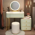 French white wooden dressing table with mirror and stool in a modern bedroom setting