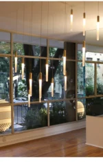 The pendant light in a restaurant, creating an inviting atmosphere.