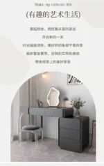 Modern makeup vanity table with mirror and storage drawer in bedroom setting