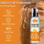 Goldoma keratin serum bottle next to a curly hair wig, texture comparison