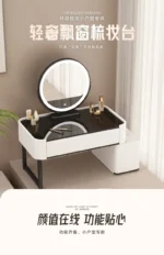 Modern minimalist dressing table with storage shelf for makeup organization in a bedroom