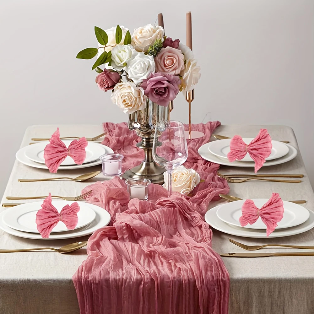 Sb18cb09a7f9d4ca2987236dfac57d556l.webp Boho cheesecloth table runner and napkins set as rustic table linens on a wooden table