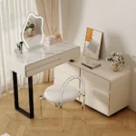 Modern wooden makeup vanity table with mirror and matching stool, featuring a storage drawer for organization