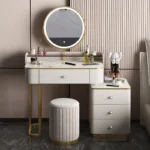 White MDF dressing table with mirror and stool in a modern bedroom setting