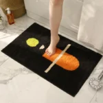 Modern abstract art non slip bathroom rug with vibrant colors and textured surface on a bathroom floor