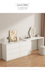 White dressing table with mirror, 6 drawers, and matching stool for bedroom vanity and makeup storage