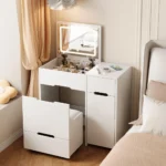 Modern white LED vanity dresser with mirror and stool - complete makeup table set for bedroom | Goldoma