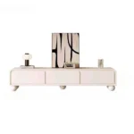 Nordic wood TV stand with drawers in a modern living room corner, featuring clean lines and ample storage
