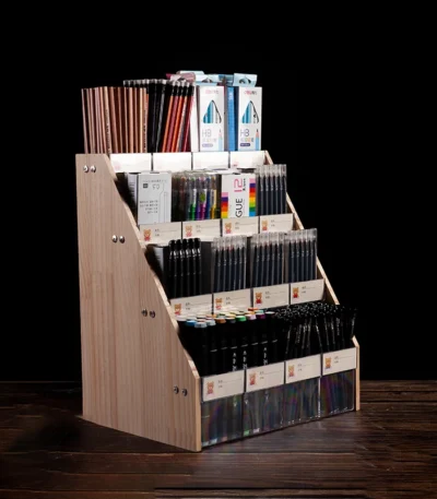 Wood Acrylic Pen Holder with Price Slot Stationery Storage Rack Brush Case Organizer Supermarket Display Stand Cosmetic Shelf
