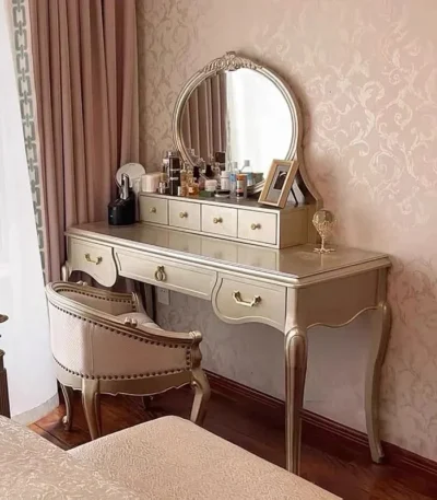 Nordic dressing table with mirror and stool in white solid wood finish
