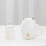 Creative Cartoon Black/White Lucky Cat With Cover Filter Tea Water Separation Office Cup Household Gifts Personal Mug, 1Pc