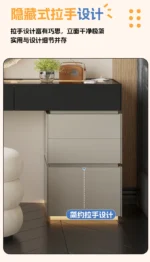 Minimalist modern dressing table with mirror and stool in a bedroom setting with 4 drawers and 4 doors
