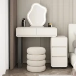 Modern minimalist vanity table with mirror and stool, wood construction, bedroom furniture