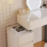 Modern Nordic vanity table with storage drawers and mirror in bedroom setting