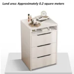 Modern flip cover dressing table with LED light, stool, and three drawers in a bedroom setup