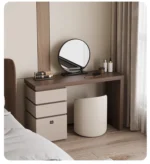 Minimalist wood dressing table with mirror and three storage drawers in modern bedroom setting