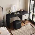 modern extendable dressing table with mirror and stool in a bedroom
